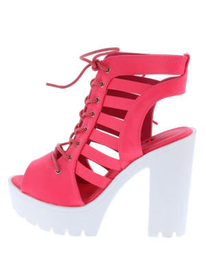 Norma032 Fuchsia Caged Lace Up Lug Sole Boot