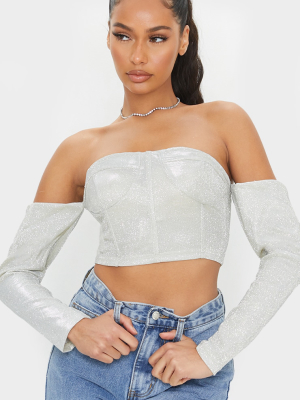 Silver Textured Glitter Bardot Puff Sleeve Crop...