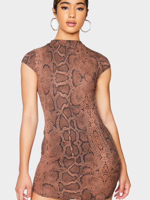 Brown Snake Print High Neck Ribbed Bodycon Dress