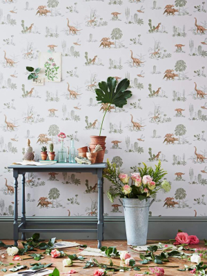 Classic Dino Wallpaper In Pink And Green By Sian Zeng