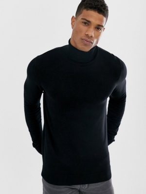 Pull&bear Roll Neck Sweater In Black