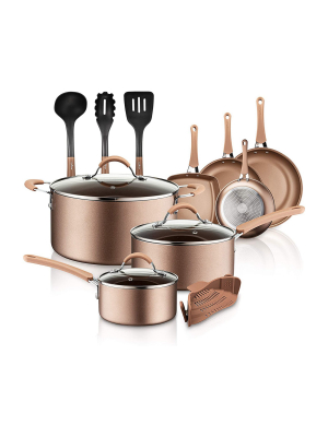 Nutrichef Metallic Nonstick Ceramic Cooking Kitchen Cookware Pots And Pan Set With Lids, Utensils, And Cool Touch Handle Grips 14 Piece Set, Bronze