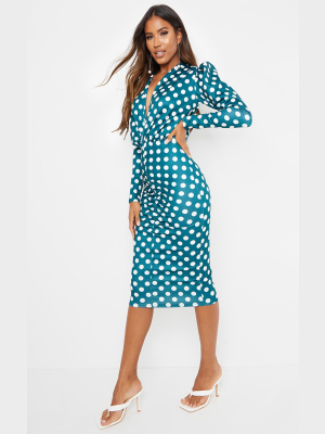 Emerald Green Polka Dot Long Sleeve Plunge...