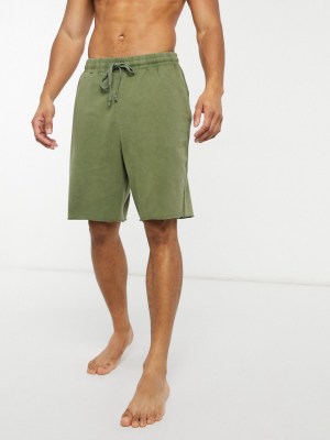 Asos Design Lounge Pajama Short With Raw Hem In Wash Khaki