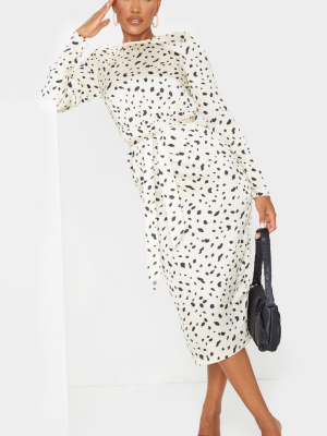 Cream Dalmatian Print Satin Shoulder Pad Midi...