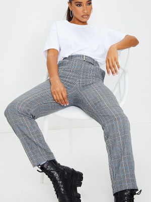 Grey Woven Check Belted Cigarette Pants