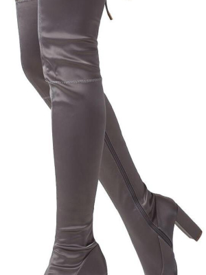 Zane284 Grey Satin Fitted Thigh High Drawstring Boot