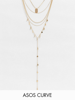 Asos Design Curve Multirow Necklace With Disc Lariat And Star Tag Pendant In Gold Tone