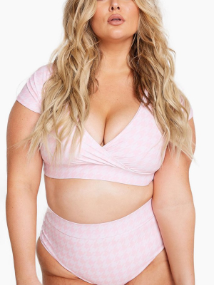 Bff Short Sleeve Bikini Top (curves) - Pink & White Houndstooth Print