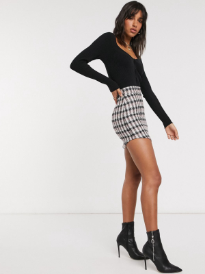 Asos Design Boucle Mini Skirt With Curved Hem In Check Print