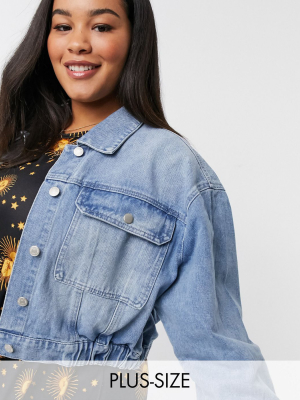 Urban Bliss Plus Denim Jacket With Elastic Waist In Midwash Blue