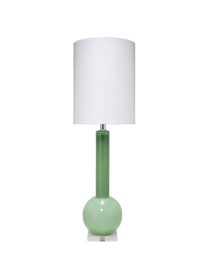 Studio Table Lamp In Leaf Green Glass With Tall Thin Drum Shade In White Linen