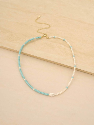 Easy Beach Day Turquoise And Pearl Strand 18k Gold Plated Necklace