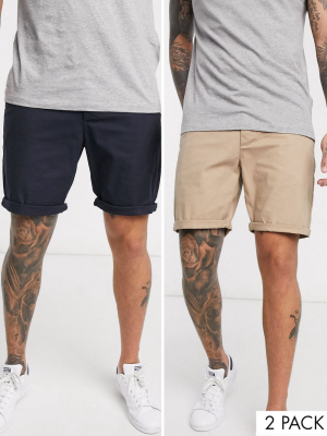 Asos Design 2 Pack Slim Chino Shorts In Stone & Navy Save