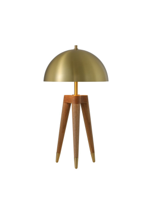 Brass Dome Table Lamp With Wooden Tripod Base