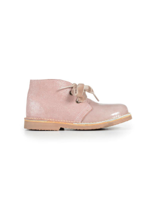 Girls' Pale Pink Patent And Shimmer Booties With Velvet Laces