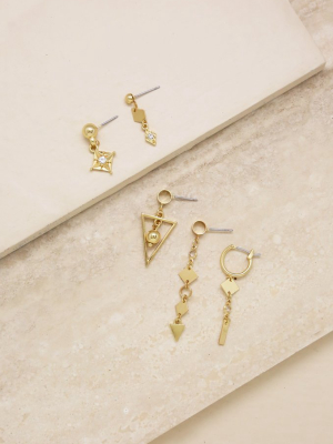 Mini Assorted 18k Gold Plated Dangle Diamond Shaped Earrings Set Of 5