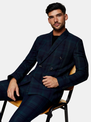 Khaki Check Super Skinny Double Breasted Suit Blazer With Peak Lapels