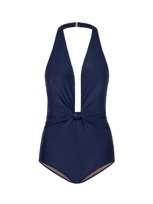 Solid Halterneck Swimsuit With Knot