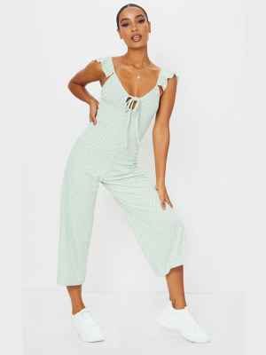 Sage Green Polka Dot Frill Shoulder Culotte...