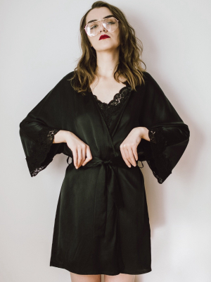 Lace-trimmed Silk Satin Robe-black