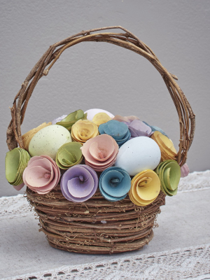 Lakeside Wood Curl Easter Basket With Artificial Flowers, Wood Eggs For Decoration