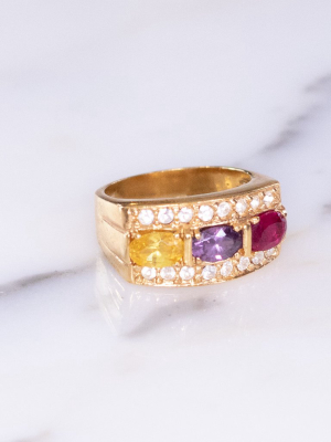 Vintage 1980s Gold Band Ring With Pink, Amethyst, And Yellow Czs