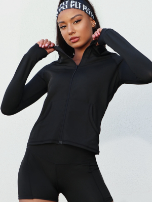 Black Zip Through Hooded Gym Top