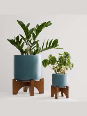 Mid-century Turned Wood Tabletop Planters - Petrol Blue