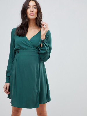 Asos Design Maternity Casual Wrap Mini Dress With Long Sleeves In Forest Green