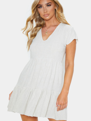 Beige V Neck Frill Tiered Smock Dress