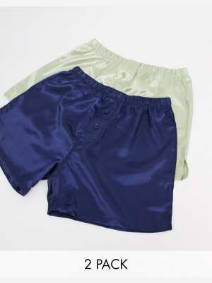 Asos Design 2 Pack Satin Boxers In Navy & Jade