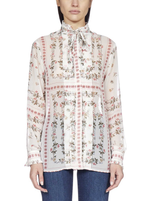 Etro Plissé Pussybow Floral Blouse