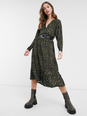 Asos Design Midi Smock Dress With V-neck In Khaki Animal Print