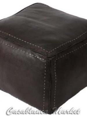 Square Leather Pouf With White Stitching, Dark Brown
