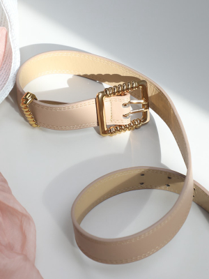 Nude With Gold Textured Buckle Waist Belt