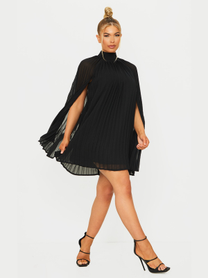 Black Pleated Cape High Neck Shift Dress