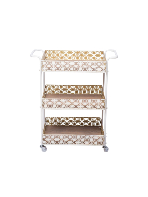 White And Brass Laser Cut Metal And Wood Two Tier Rolling Serving Bar Cart - Foreside Home & Garden