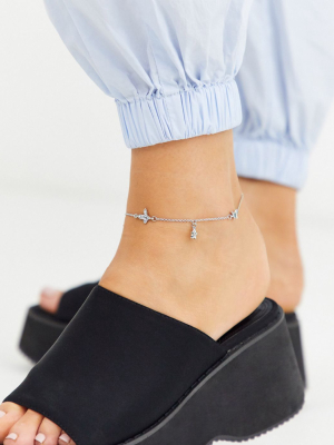 Asos Design Anklet With Butterfly And Crystal Drops In Silver Tone