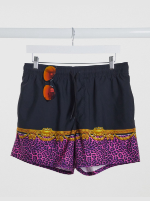 Asos Design Two-piece Swim Shorts With Baroque Animal Placement Border Print Short Length