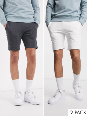 Asos Design 2 Pack Jersey Skinny Shorts In White/charcoal