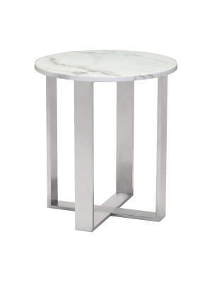 Modern Round Faux Marble Side Table - Stone, Brushed Stainless Steel - Zm Home