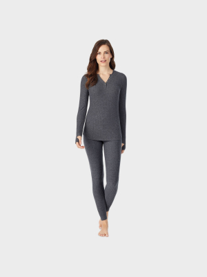 Warm Essentials By Cuddl Duds Women's Soft Ribbed Thermal Henley T-shirt - Charcoal Heather