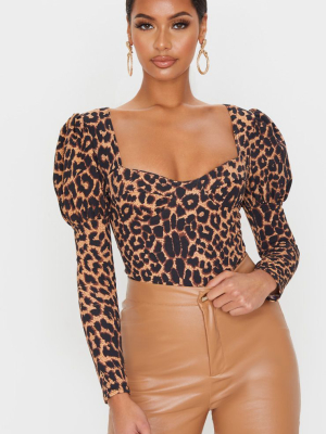 Tan Leopard Crepe Puff Sleeve Square Neck Bodysuit