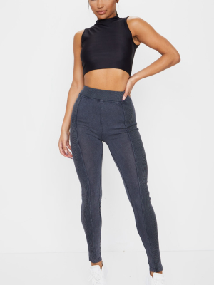 Charcoal Acid Wash Contrast Panel Rib Legging