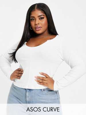 Asos Design Curve Notch Front Long Sleeve Ribbed Crop Top In White