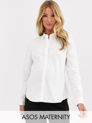 Asos Design Maternity Long Sleeve Fitted Shirt In Stretch Cotton In White