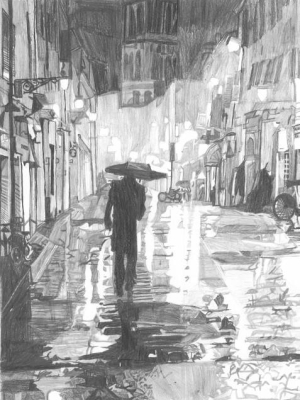 A Man Strolling In Italy On A Rainy Night