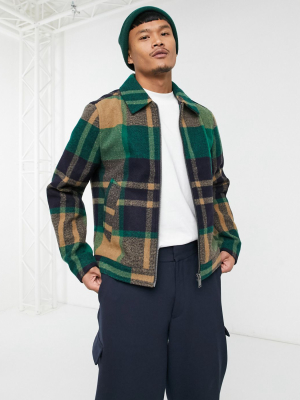 Asos Design Harrington Shacket In Green Check With Zip Through