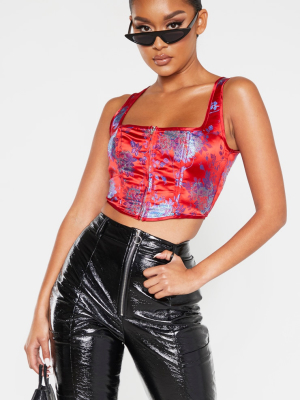 Red Satin Print Zip Front Corset